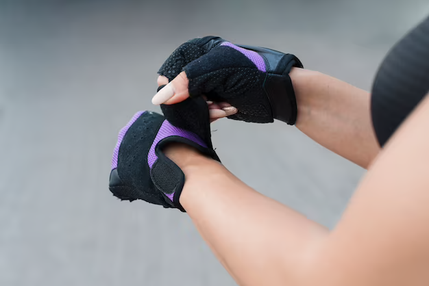 Image of someone wearing black and purple yoga gloves